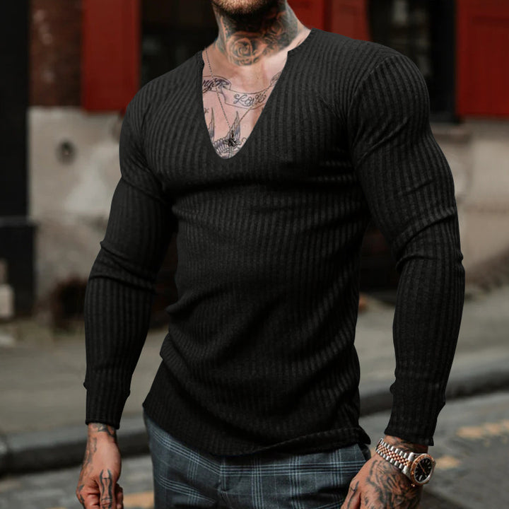 Men's V-neck long sleeve T-shirt with textured ribbed pattern Lune London