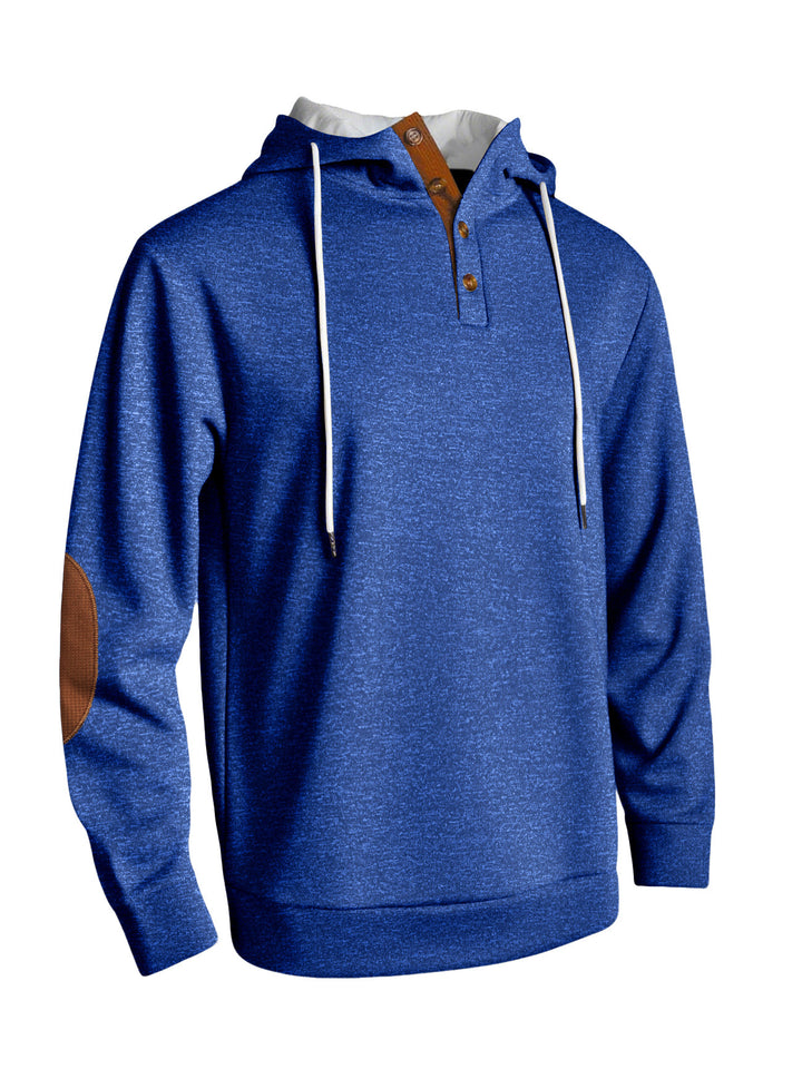 Hooded man with modern design of button placket and elbow patches Lune London