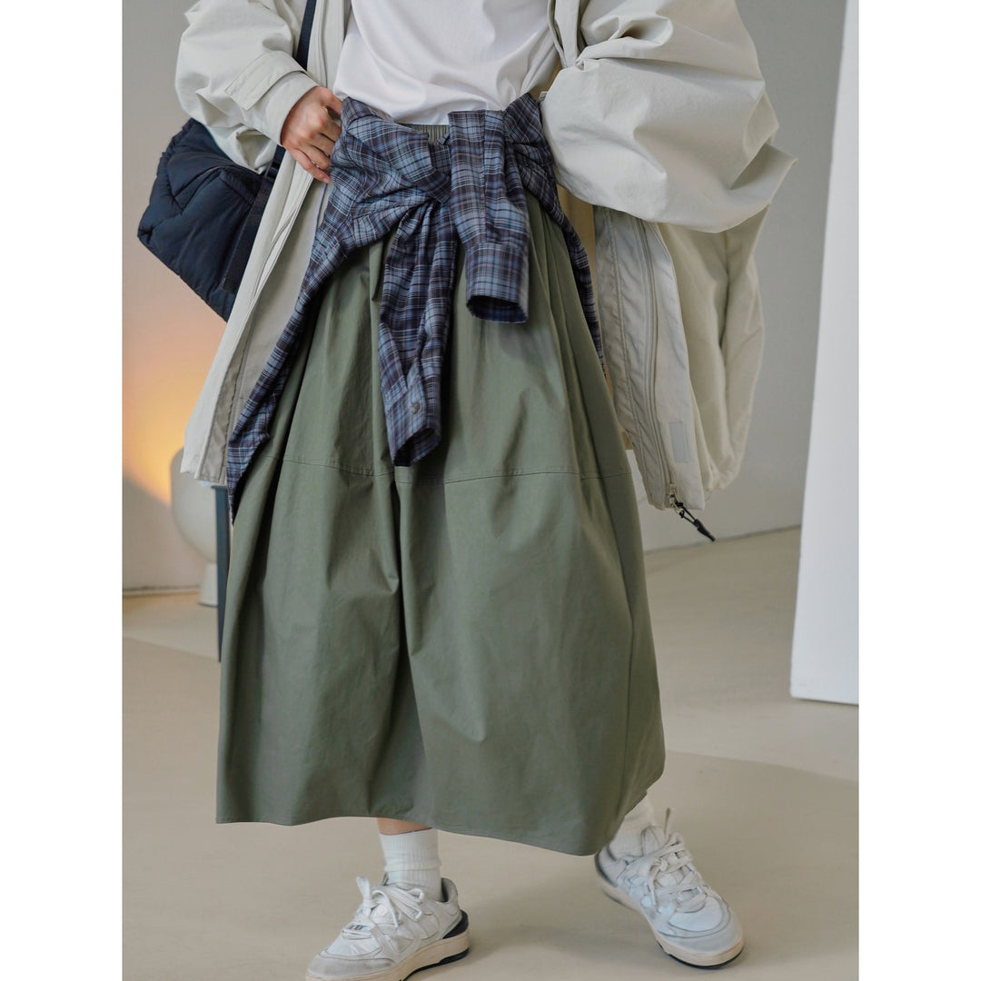 Women's Wide Flared High-Waist Midi Skirt made of Cotton Twill with Elastic Waistband Amarae