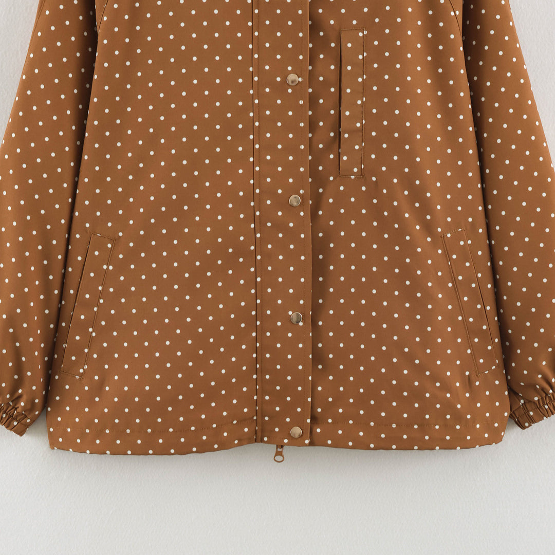 Women's Lightweight Water-Repellent Hooded Jacket with Polka Dot Pattern and Snap Button Placket Amarae