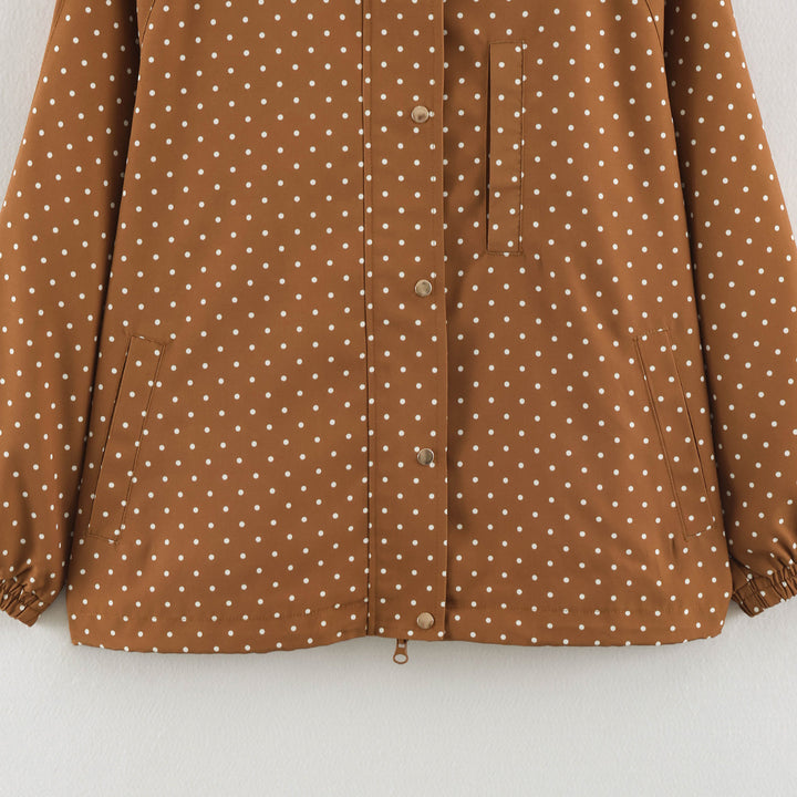 Women's Lightweight Water-Repellent Hooded Jacket with Polka Dot Pattern and Snap Button Placket Amarae