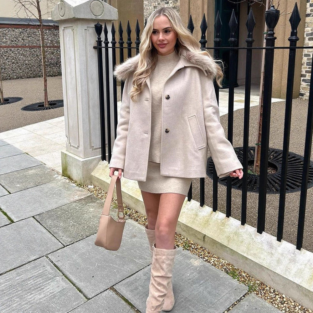 Women's short coat with faux fur shawl collar & boxy oversized silhouette Amarae