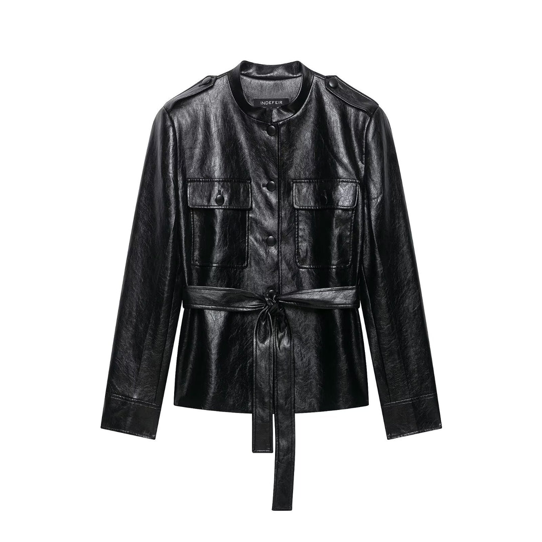 Women's fitted faux leather trench coat with stand-up collar, flapped pockets and tie belt Amarae