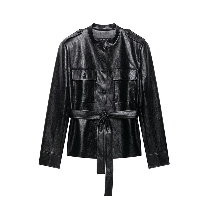 Women's fitted faux leather trench coat with stand-up collar, flapped pockets and tie belt Amarae