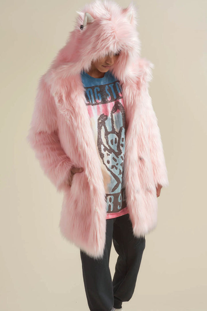 Women's Longer Hooded Faux Fur Coat with Animal Ears and Fluffy High Pile Amarae