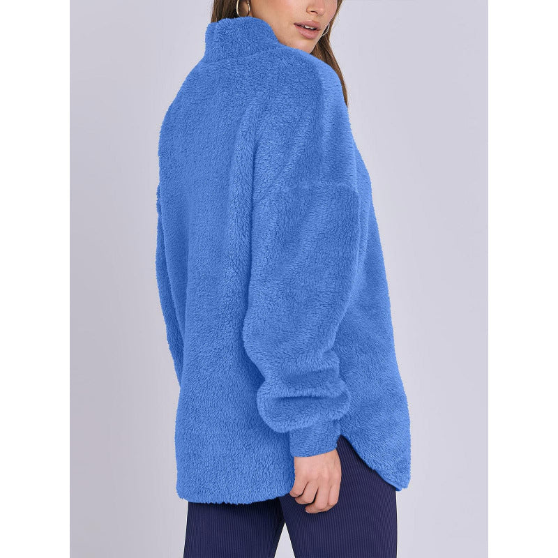 Women Fluffy Oversized Sherpa Pullover with Half Zip and Kangaroo Pockets Amarae