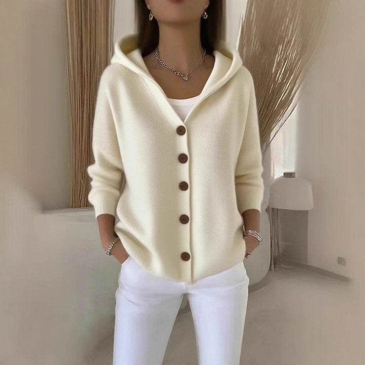 Knitted hooded jacket for ladies with practical button details and a relaxed fit Lune London