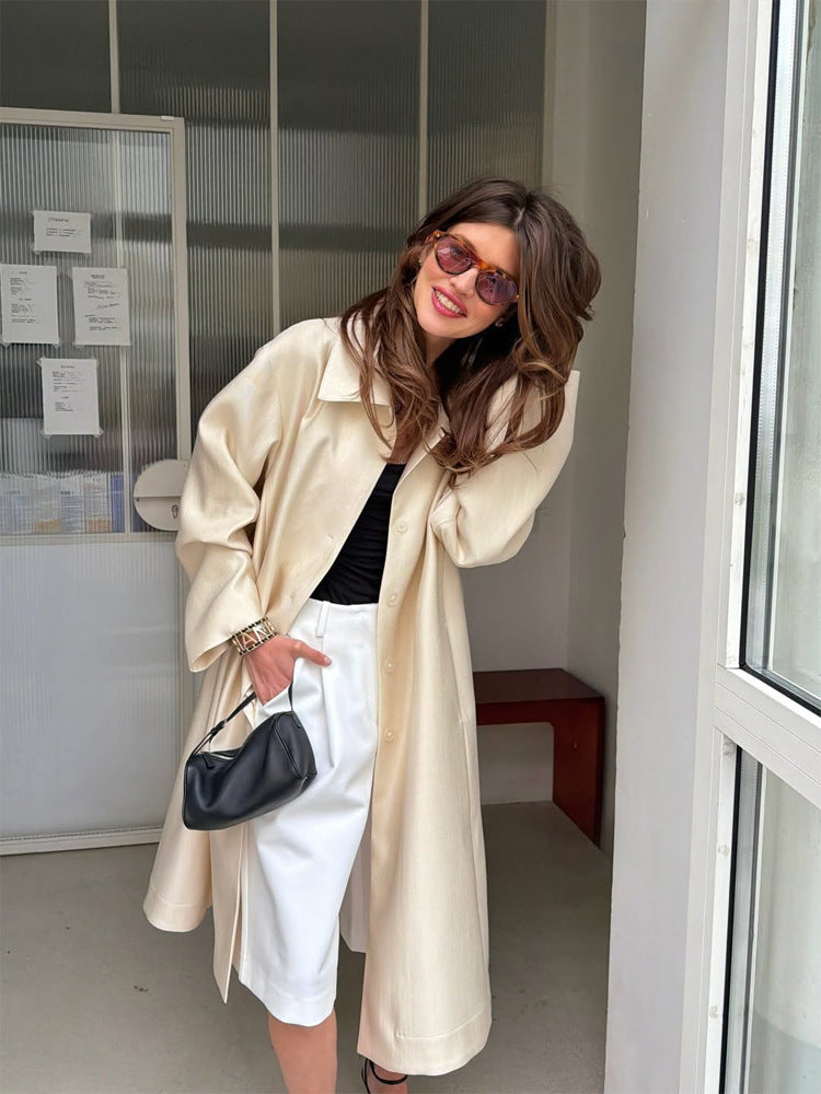 Women Lightweight Satin-Effect Long Coat with Boxy Oversize Silhouette Amarae