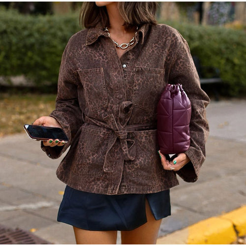 Trendy denim jacket for women with leopard design belt Amarae