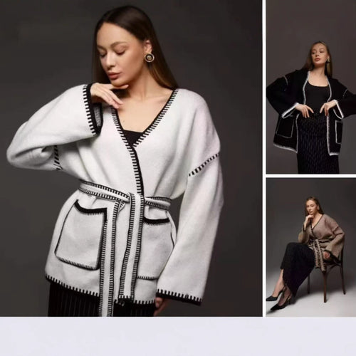Comfortable knit coat for ladies with belt and practical pockets Amarae