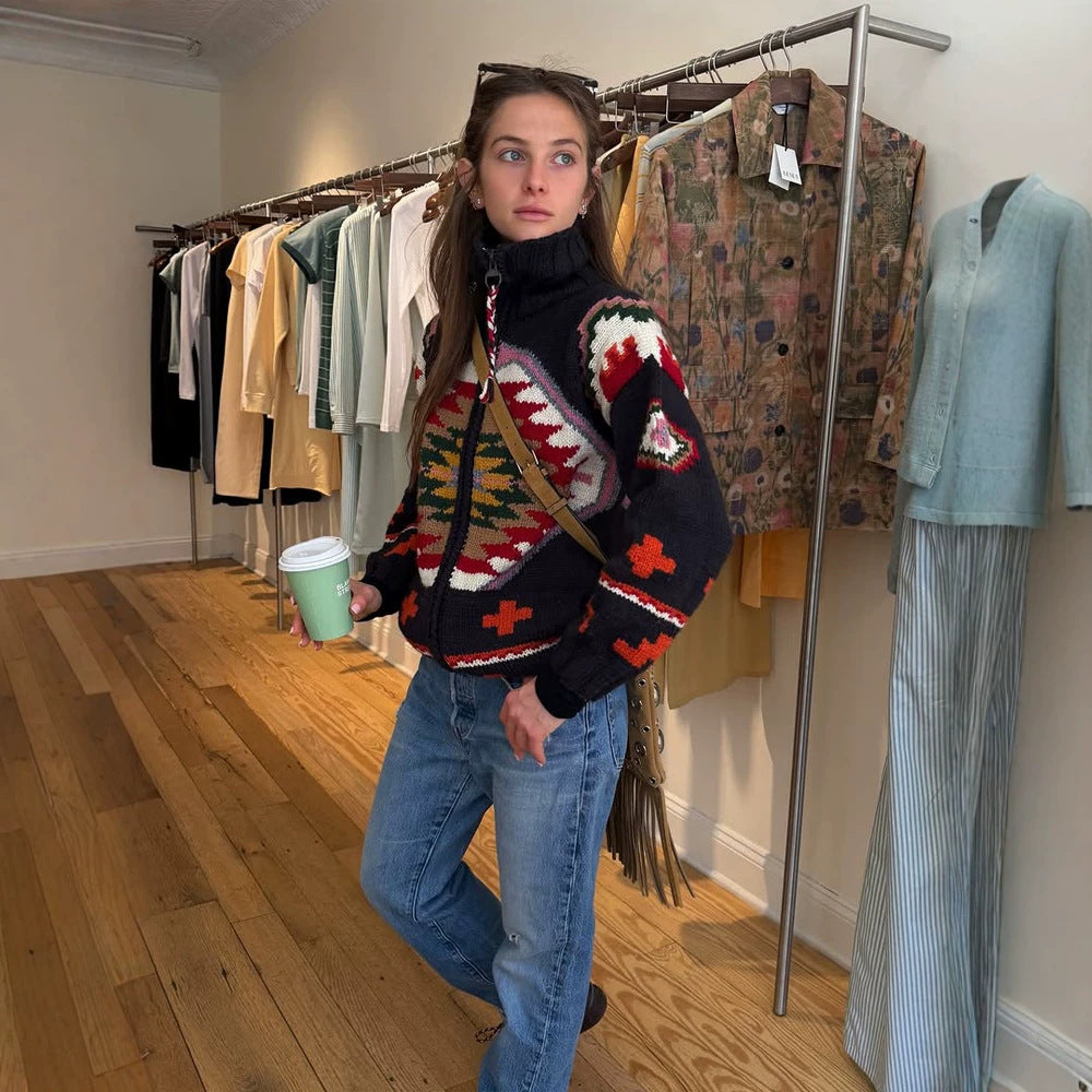 Women's Jacquard Cardigan with Navajo Pattern, Zipper and High Collar Amarae