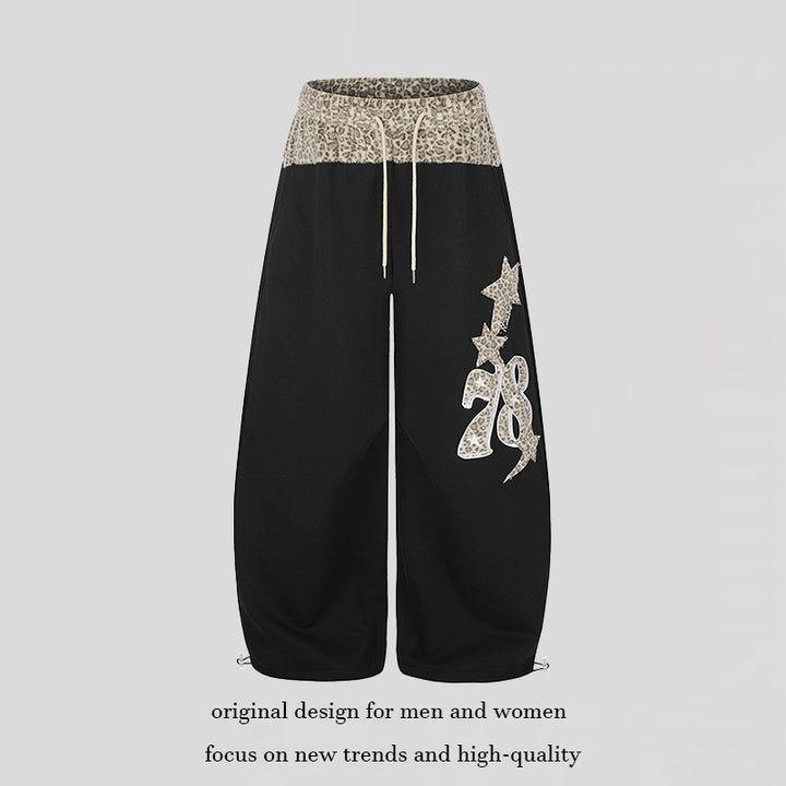 Women Extra Wide Palazzo Lounge Pants with High Comfort Waistband, Leopard Print Band and Decorative Star Number Appliqué Amarae