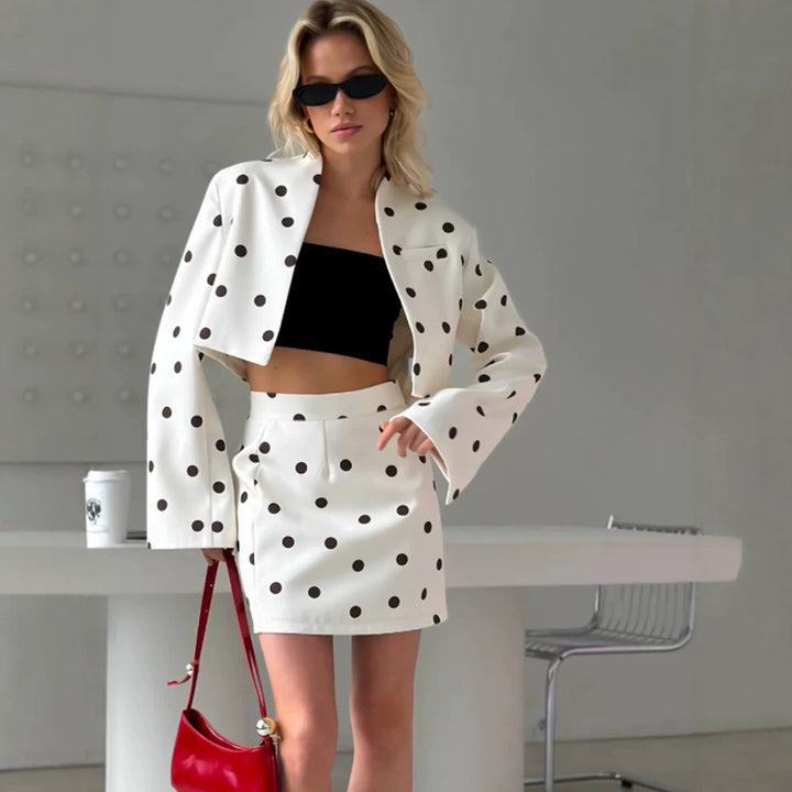Women's Polka Dot Two-Piece Set with Cropped Blazer and High-Waist Mini Skirt Amarae