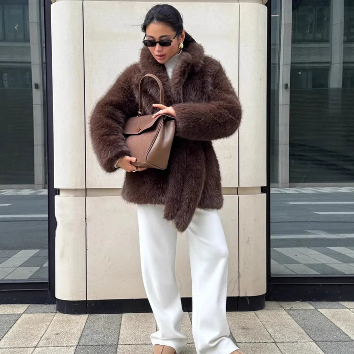 Women Boxy Short Coat made of extra fluffy high pile with wrap belt Amarae