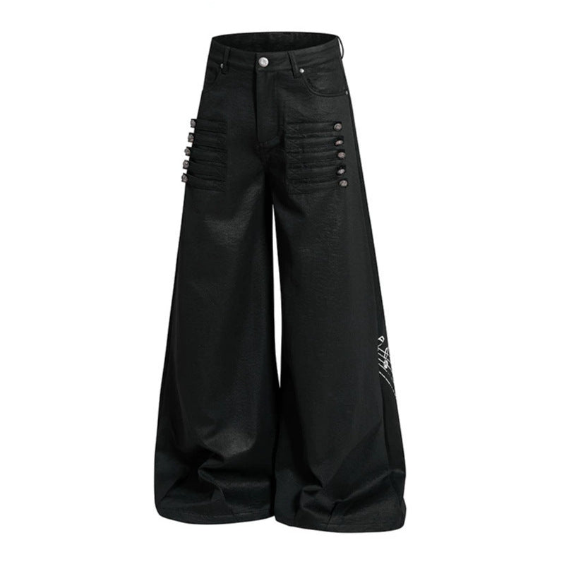 Women's wide high-cut palazzo pants with coated leather look, extra wide leg and statement print Amarae