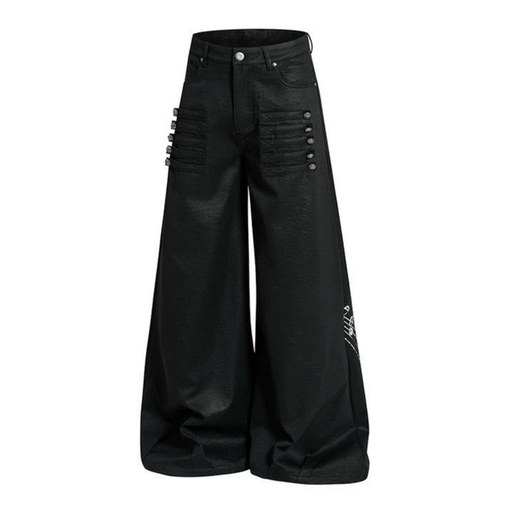 Women's wide high-cut palazzo pants with coated leather look, extra wide leg and statement print Amarae