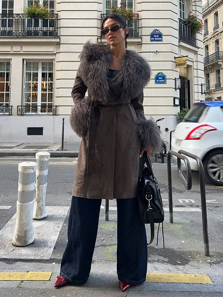 Women's coat made of suede leather look with voluminous faux fur shawl collar, fur cuffs & waist belt Amarae