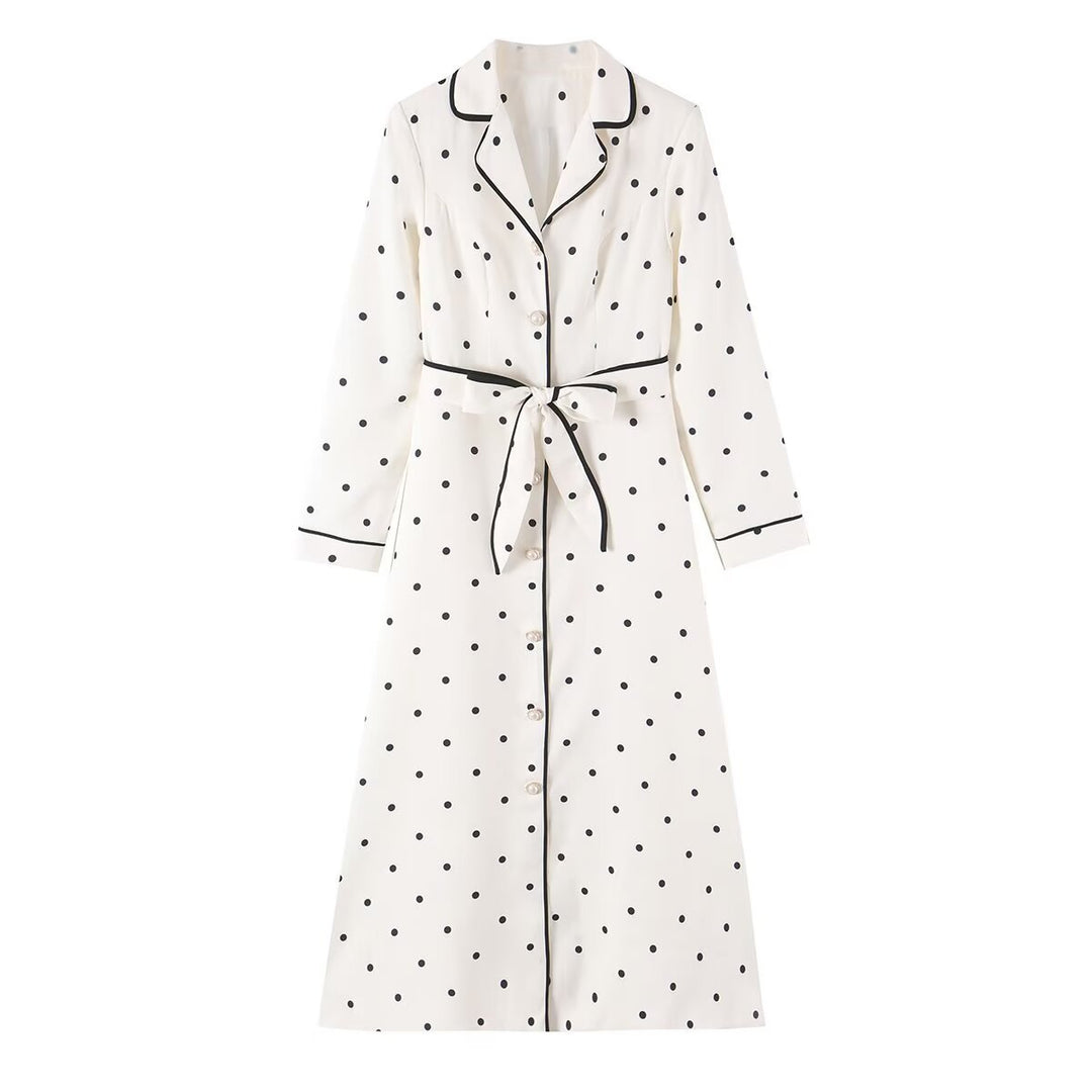 Women's midi shirt dress with polka dots, contrast piping, and waist belt Amarae