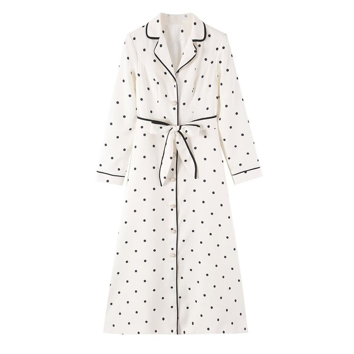 Women's midi shirt dress with polka dots, contrast piping, and waist belt Amarae