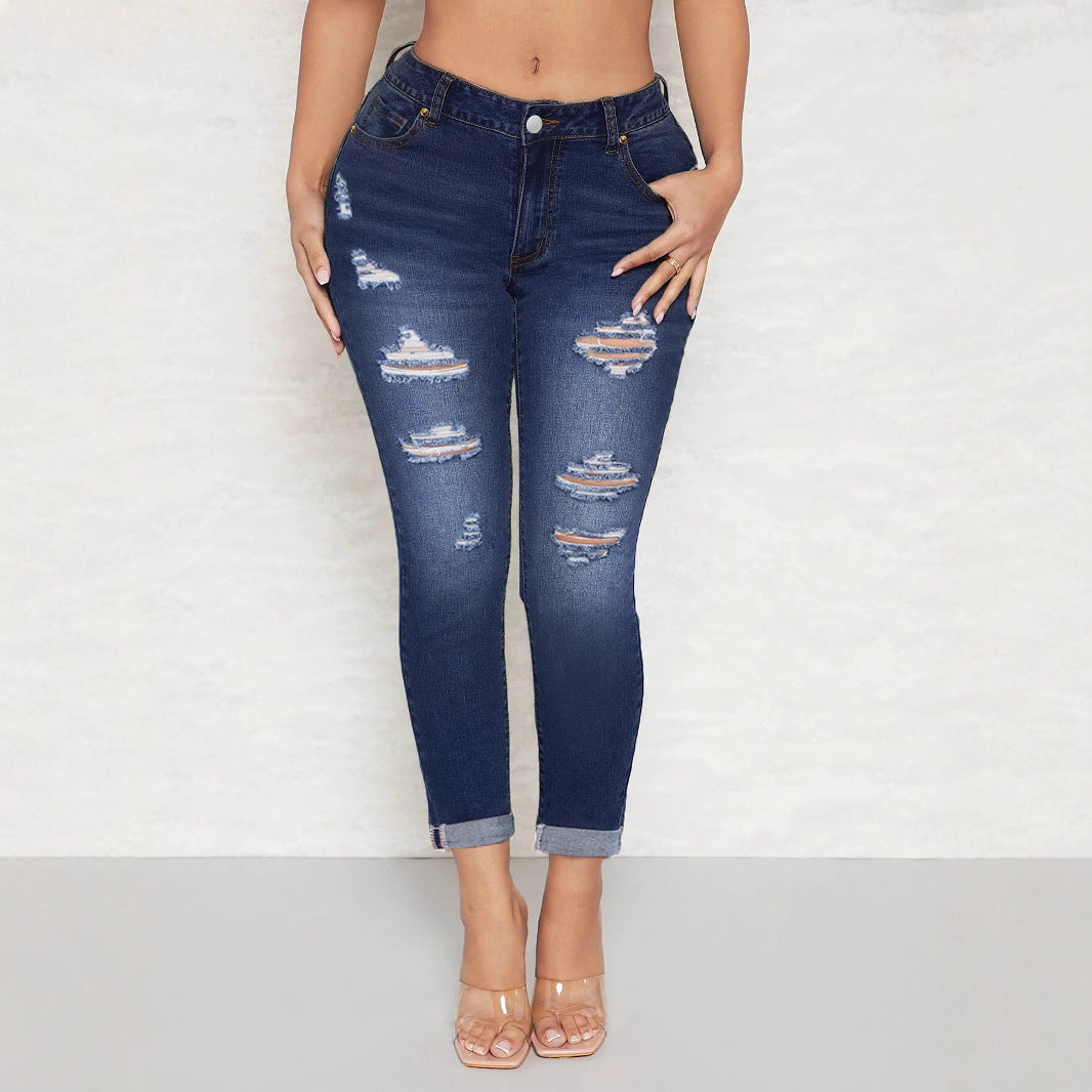 Women's High-Waisted Skinny Jeans with Destroyed Inserts and Cuffed Hem Amarae