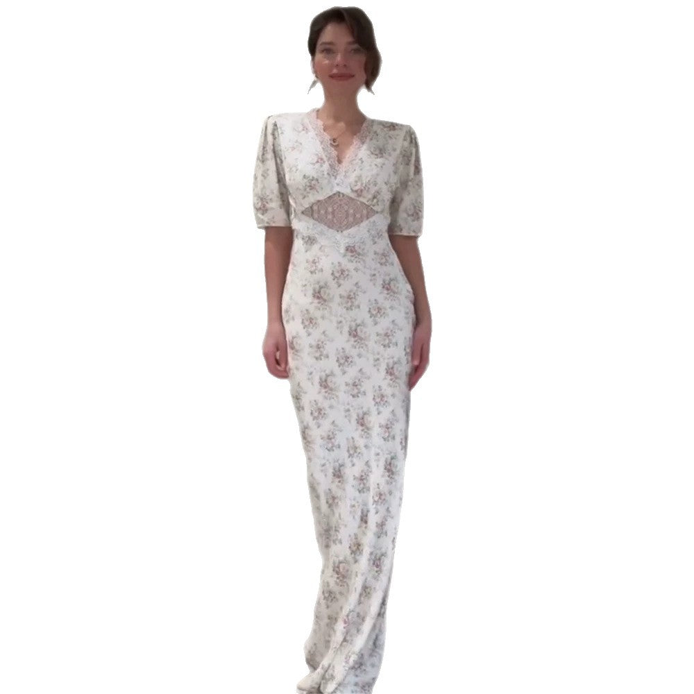 Women Romantic Maxi Dress in Flowing Satin with Lace Cut-Out & Puff Sleeves Amarae