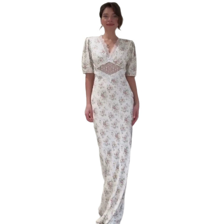 Women Romantic Maxi Dress in Flowing Satin with Lace Cut-Out & Puff Sleeves Amarae
