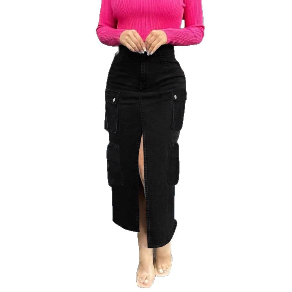 Women high waist cargo denim midi skirt with front slit and flap pockets Amarae