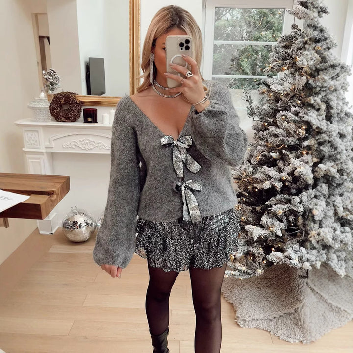Women Chunky Knit Cardigan with Sequin Bows and V-Neck Amarae