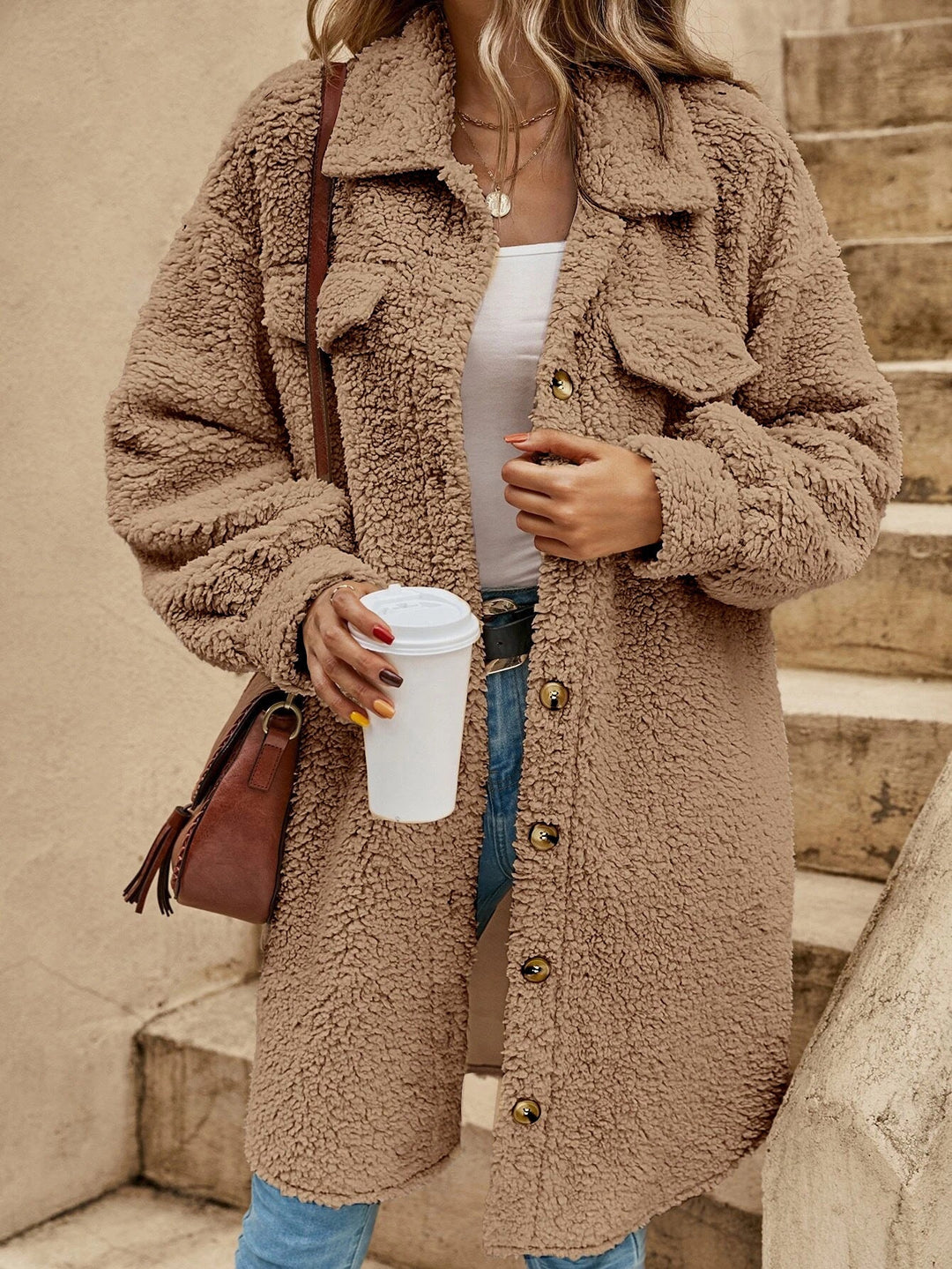 Amarae | Coat - Over Size - Soft Sherpa - Button Closure - Chest Pockets