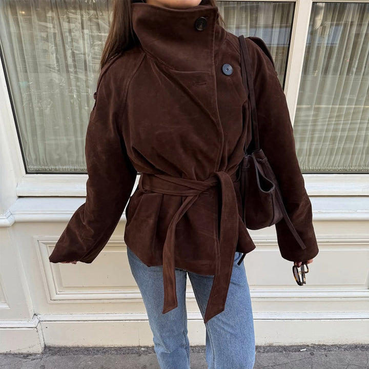 Women's short jacket made of suede with a high stand-up collar and tie belt Amarae
