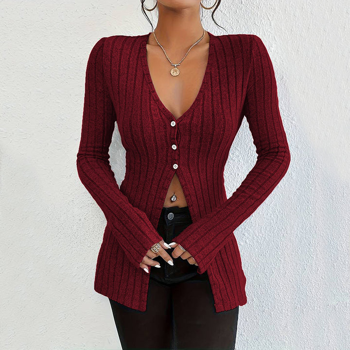 Cardigan long à manches longues pour femmes avec une fine structure en côtes et des détails de boutons élégants Chic & Stil