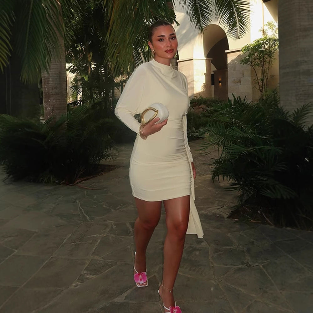 Women Tailored Mini Dress with High Stand Collar & Side Draping Amarae