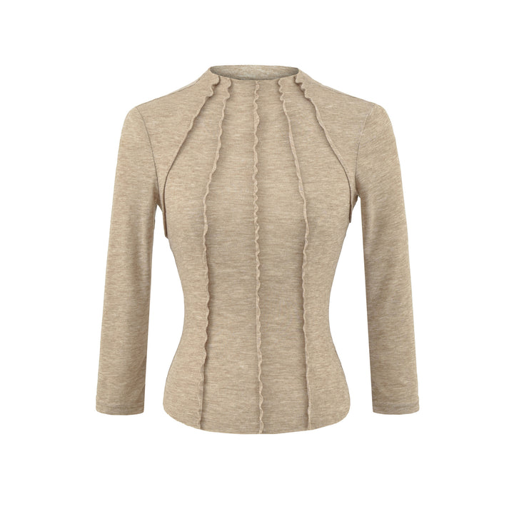 Women's Fitted Long Sleeve Shirt with Stand-Up Collar and Decorative Ruffles