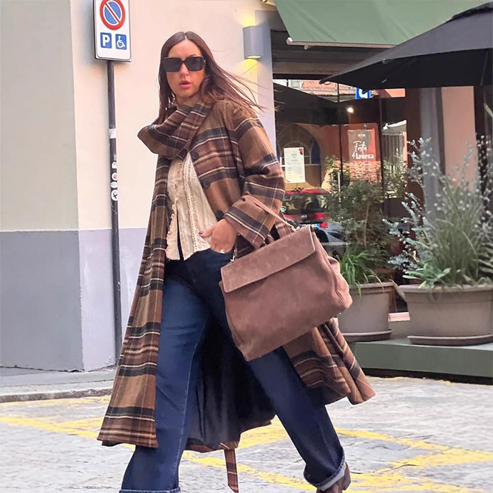 Ladies long coat in check look made of wool mix with oversized stand-up collar and bell sleeves Amarae