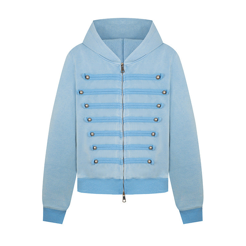 Ladies hooded sweat jacket in military style with decorative cords and metal buttons Amarae
