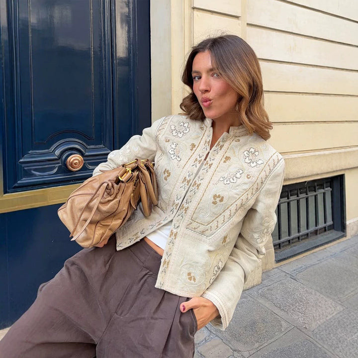 Women's short jacket made of linen blend with elaborate embroidery, stand collar, and tailored silhouette Amarae