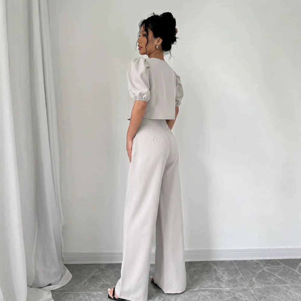 Women Two-Piece Tailoring Set with Short Jacket, Puff Sleeves and High-Cut Wide Pants Amarae