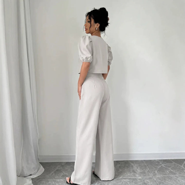 Women Two-Piece Tailoring Set with Short Jacket, Puff Sleeves and High-Cut Wide Pants Amarae