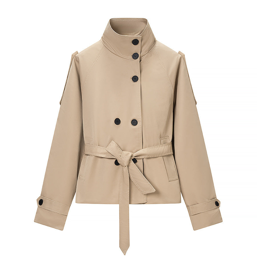 Women's Short Tailored Trench Coat with High Stand Collar and Tie Belt Amarae