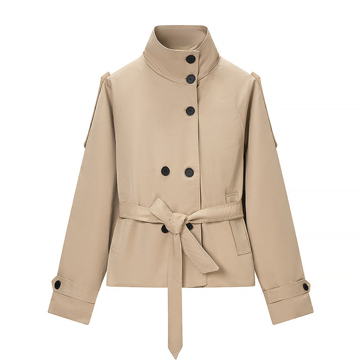 Women's Short Tailored Trench Coat with High Stand Collar and Tie Belt Amarae