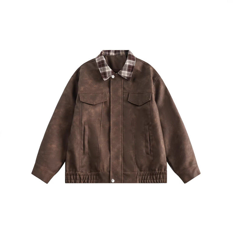 Men's suede look bomber jacket with checked shirt collar, flap pockets, and elastic hem Amarae