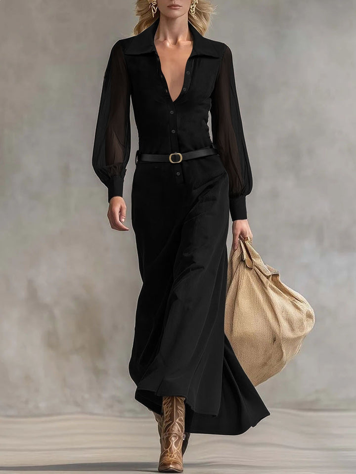 Women's maxi dress with transparent sleeves and waist belt Lune London