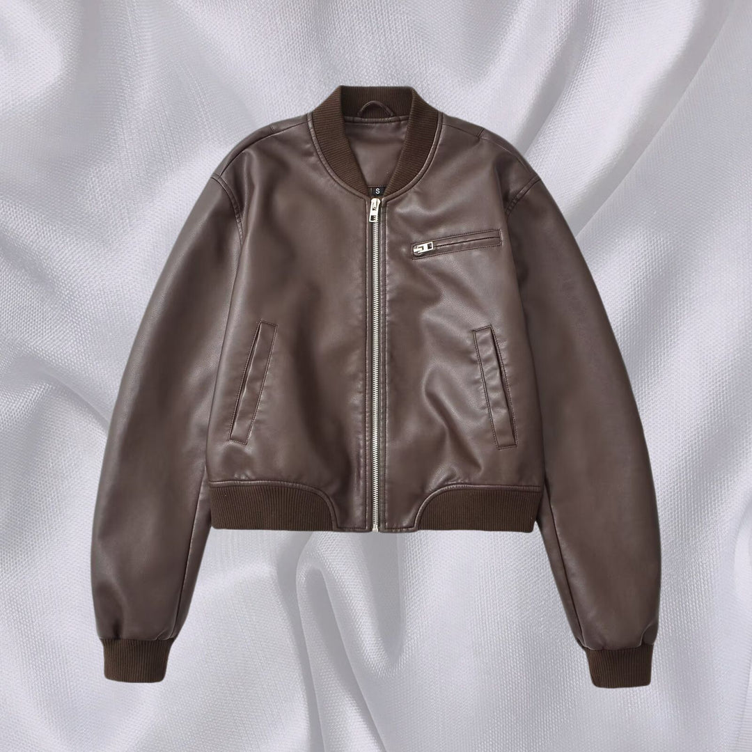 Faux leather bomber jacket for women with elastic finish and practical pockets Lune London