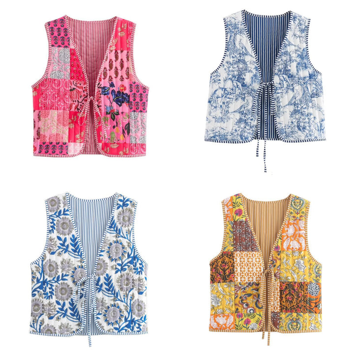 Women Patchwork Vest with V-Neck, Tie Band and Striped Lining Amarae