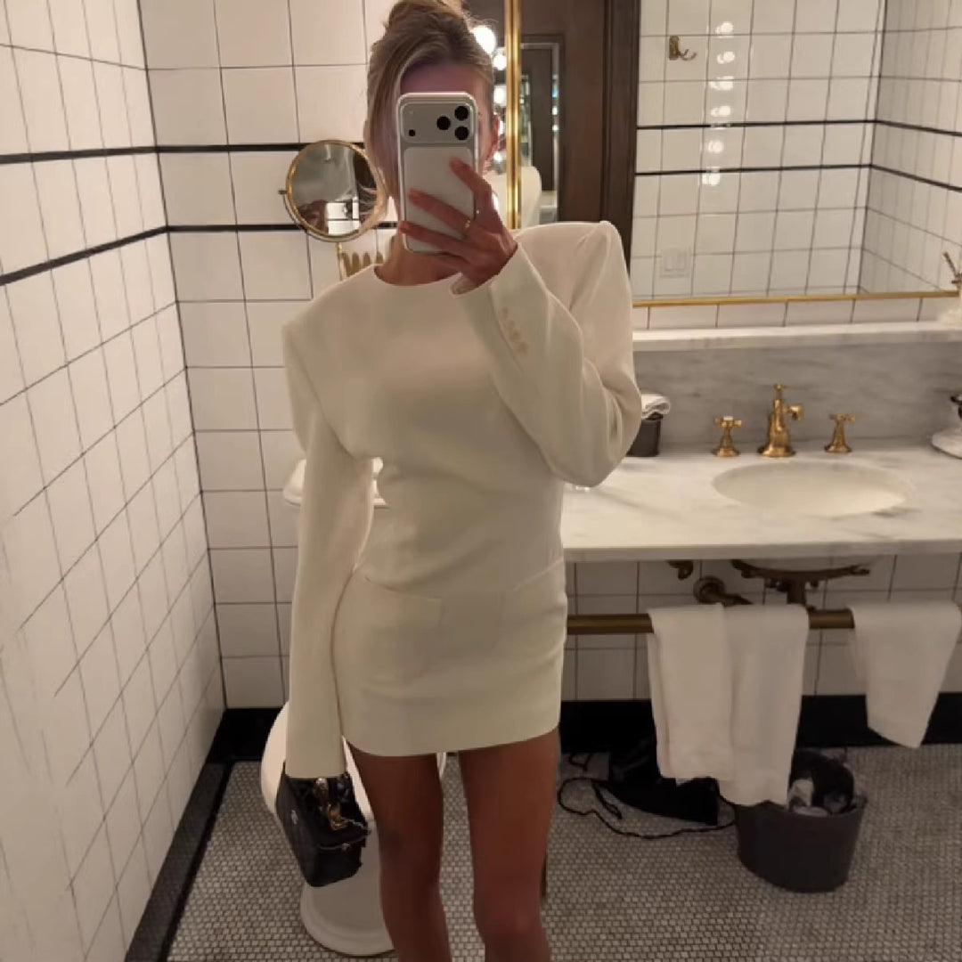 Women Figure-Hugging Long Sleeve Mini Dress with Emphasized Shoulder Area and Patch Pockets Amarae