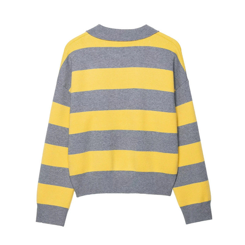 Ladies fashion sweater with polo collar and striped design Lune London