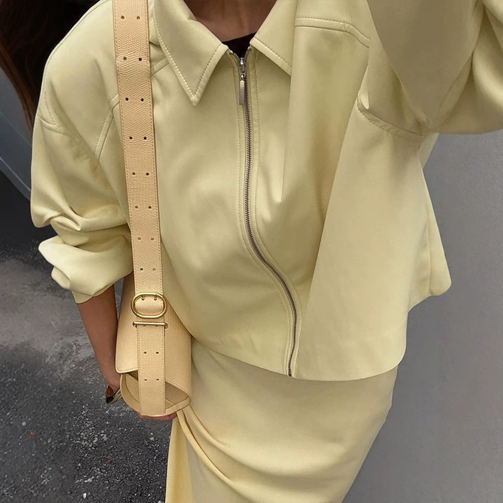 Women's Tailored Zip Blouson Set with Shirt Collar and Midi Skirt Amarae