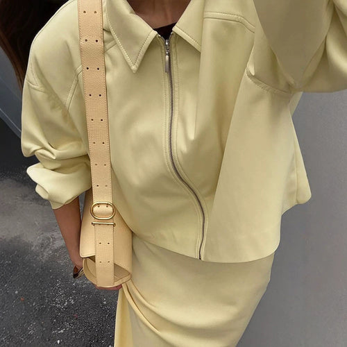 Women's Tailored Zip Blouson Set with Shirt Collar and Midi Skirt Amarae