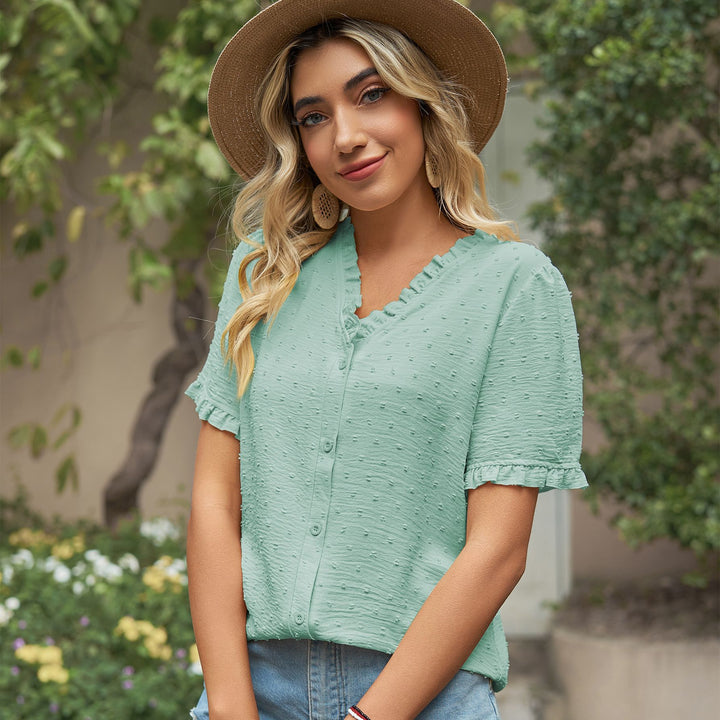 Women's blouse with ruffle details and lightweight textured fabric Lune London
