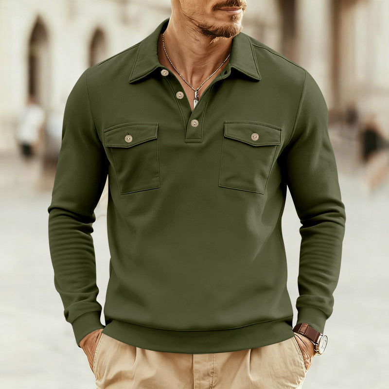 Men's long sleeve shirt with practical chest pockets and modern Henley neckline Lune London